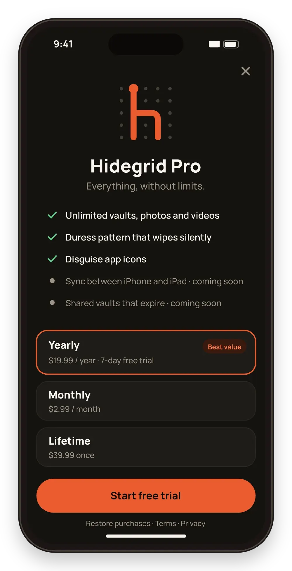 Hidegrid Pro upgrade screen listing Pro features and the yearly, monthly and lifetime plans