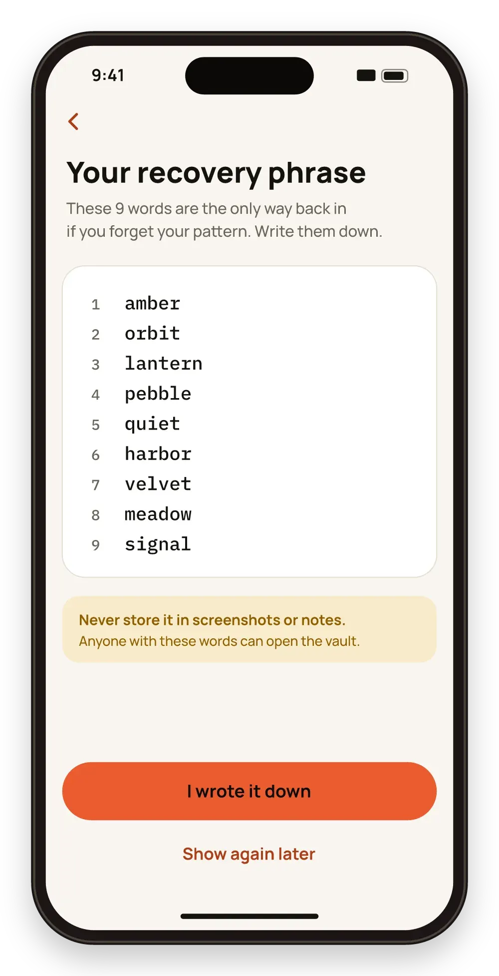 Hidegrid recovery phrase screen with nine numbered words to write down