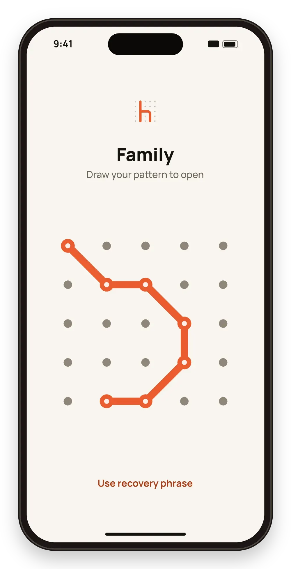 Hidegrid unlock screen: a pattern drawn on the 5×5 dot grid to open the Family vault